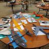 Jet Cat table. Clockwise from bottom - Bob Hodes B-57B, Allen Shields' Skyray, Wally Farrell's P59,  Mike Kelly's Skyray, Mike Kelly's Me 262, Tom Arnold's F-9F-6, Allen Shield' F-16, Bob Hodes Heinkel 178, Tom Arnold's Canberra, Wally Farrell's Heinkel 178, Rich Adams B-52