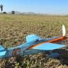 Mike Kelly’s 24” span Shoestring racer rests on the cut alfalfa stubble after a trim flight.  Model was modified from a P.T. Aviation short kit and won the Formula 1 Racer mass launch - Mike Kelly photo